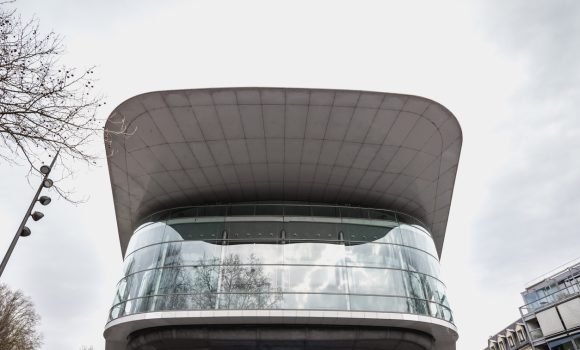 Tours, France - February 8, 2020: architectural detail of the city convention center on a winter day in bad weather. Building designed by Jean Nouvel with Yves Brunier, landscaper